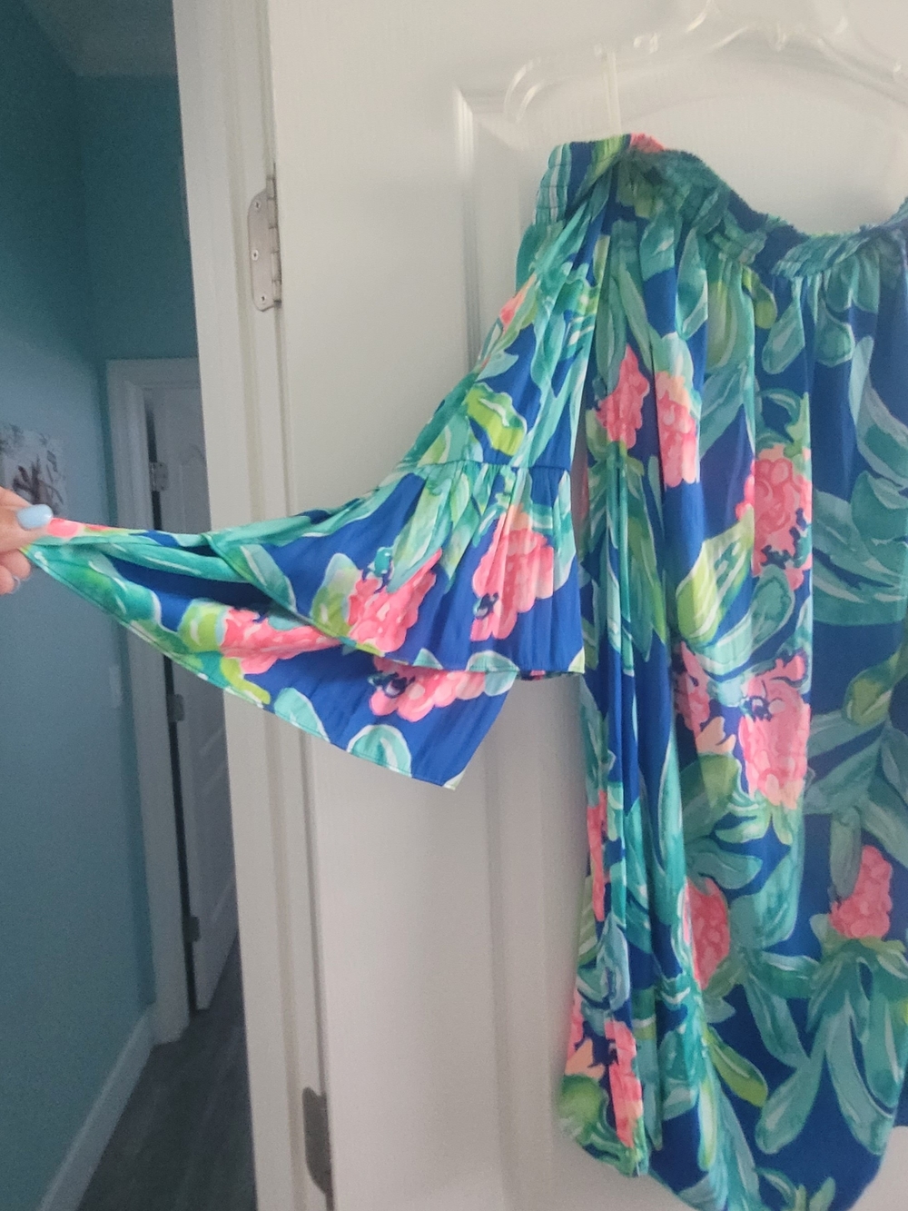 Lilly Pulitzer Teal and Pink Off The Shoulder Smocked Top - Picture 4 of 5